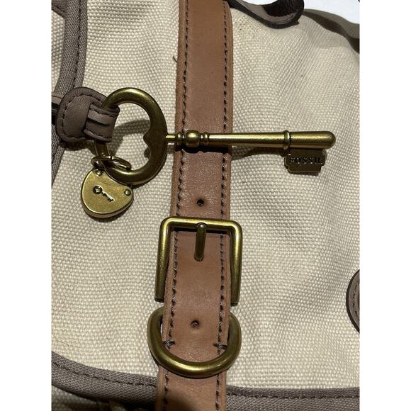 FOSSIL Long Live Vintage 54 Beige Canvas Messenger Bag Turn Lock Flap Lthr Trim - Picture 4 of 11